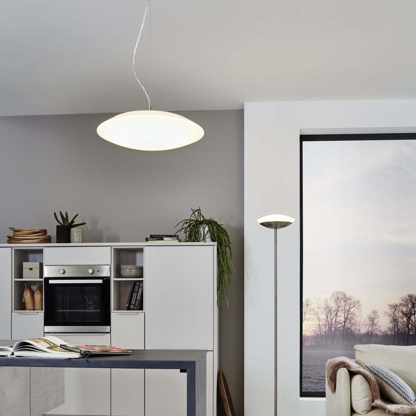 199,95 € Free Shipping | Hanging lamp Eglo Frattina C 27W 2700K Very warm light. Ø 43 cm. Steel and plastic. White, nickel and matt nickel Color