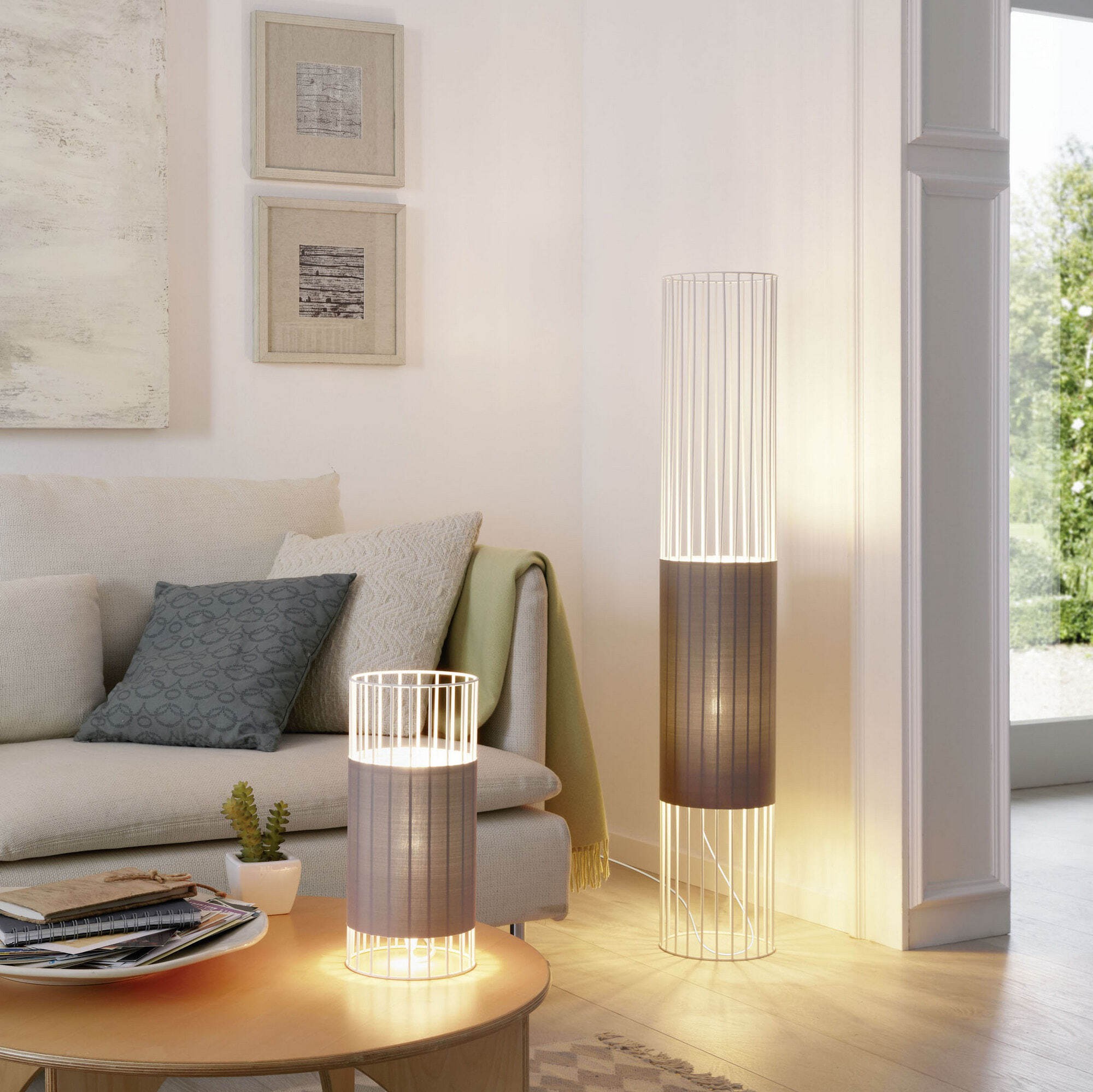 79,95 € Free Shipping | Floor lamp Eglo Norumbega 60W Ø 20 cm. Steel and textile. White and gray Color