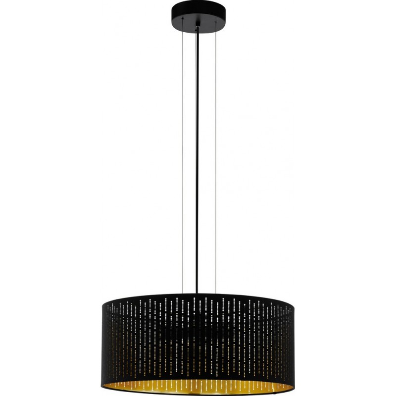 174,95 € Free Shipping | Hanging lamp Eglo Varillas 120W Cylindrical Shape Ø 53 cm. Living room and dining room. Retro and vintage Style. Steel and Textile. Golden and black Color