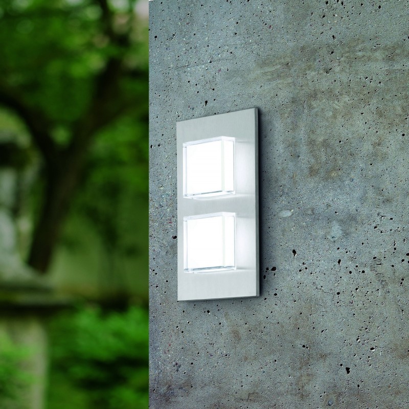 65,95 € Free Shipping | Outdoor wall light Eglo Pias 5W 3000K Warm light. Cubic Shape 25×15 cm. Terrace, garden and pool. Modern and design Style. Steel and stainless steel. Stainless steel and silver Color