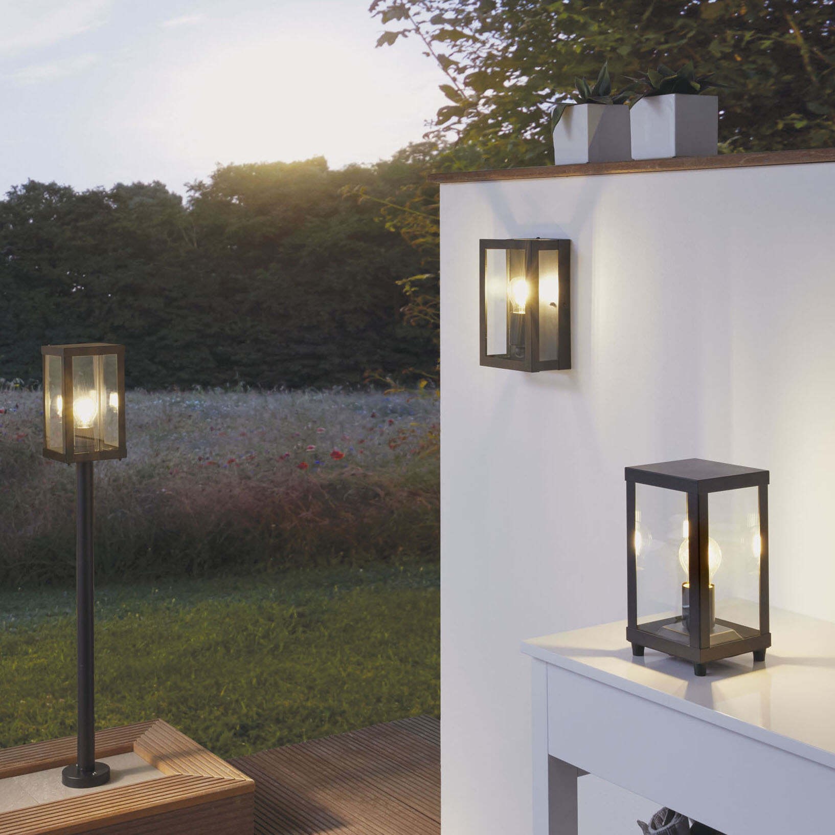 Outdoor lamp Eglo Alamonte 1 60W 28×15 cm. Desk lamp Steel, galvanized steel and glass. Black Color