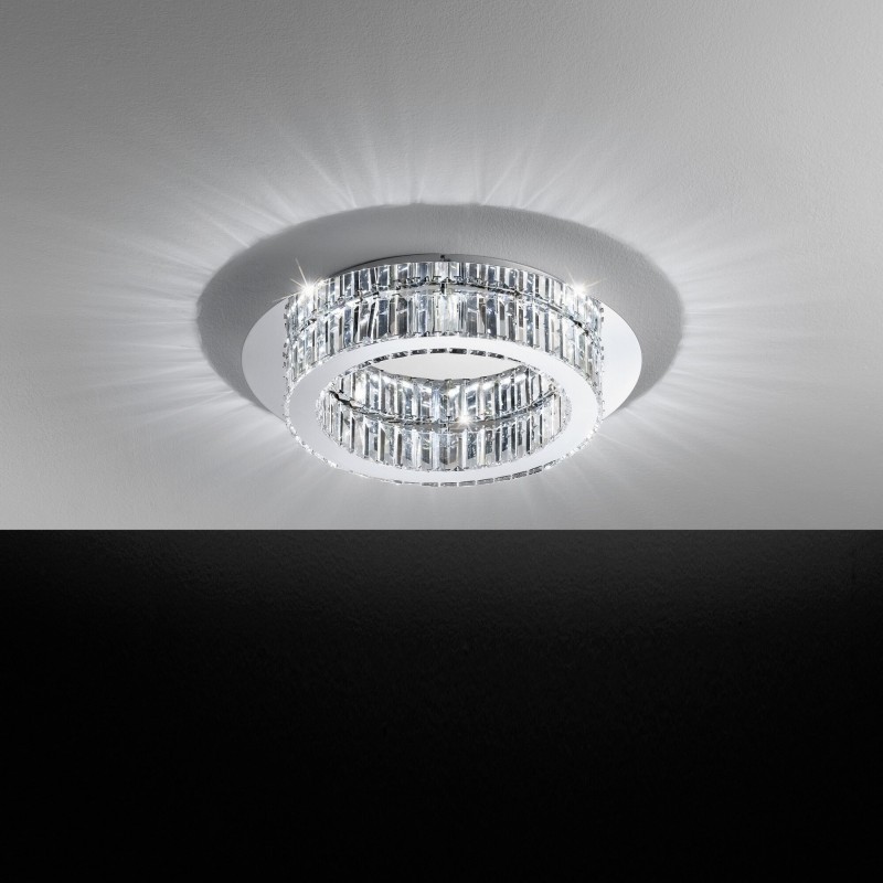 Indoor ceiling light Eglo Corliano 20W 4000K Neutral light. Cylindrical Shape Ø 50 cm. Living room and dining room. Sophisticated and classic Style. Steel, stainless steel and crystal. Plated chrome and silver Color