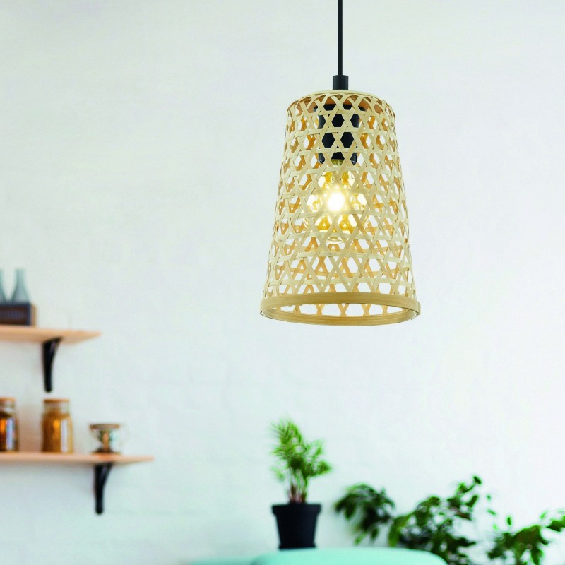 35,95 € Free Shipping | Hanging lamp Eglo Claverdon 40W Conical Shape Ø 18 cm. Living room and dining room. Rustic, retro and vintage Style. Steel and wood. Black and natural Color