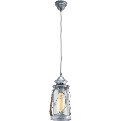 Hanging lamp Eglo Bradford 60W Cylindrical Shape Ø 14 cm. Living room, kitchen and dining room. Retro and vintage Style. Steel and Glass. Silver and antique silver Color
