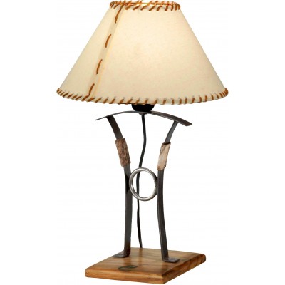 Table lamp Campiluz 40W Conical Shape 43×20 cm. Curva con anillo Living room and bedroom. Rustic, retro and vintage Style. Metal casting and wood. Antique brown and black Color
