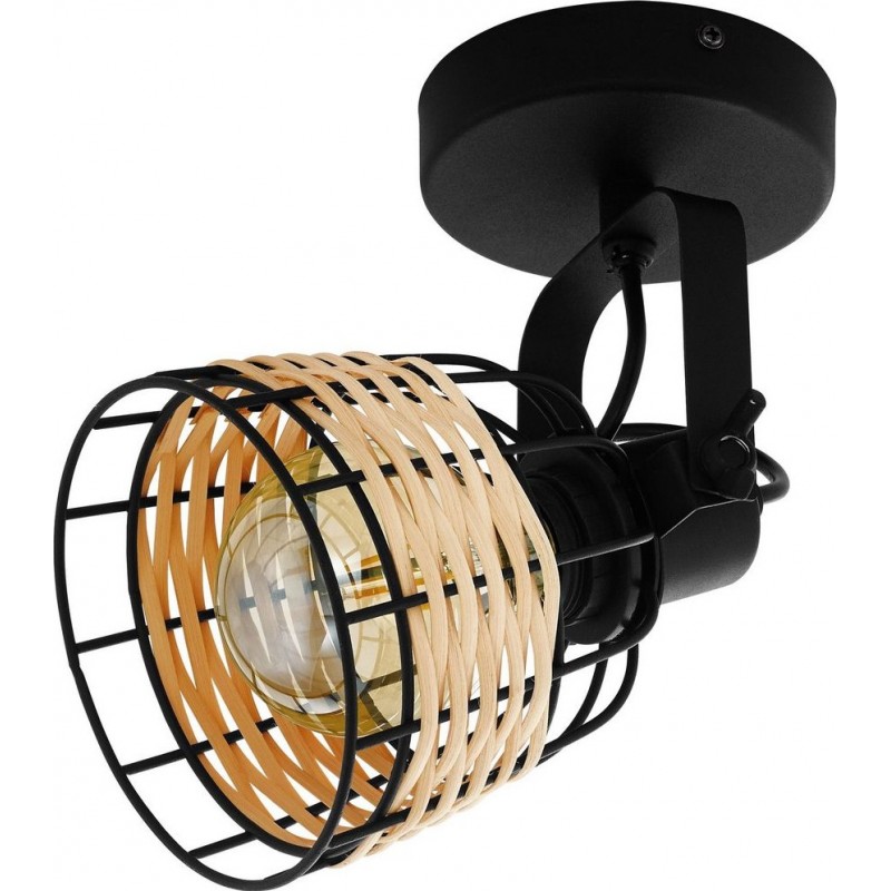 29,95 € Free Shipping | Indoor spotlight Eglo Anwick 1 Cylindrical Shape 20×14 cm. Living room, dining room and bedroom. Vintage Style. Steel and Rattan. Black and natural Color