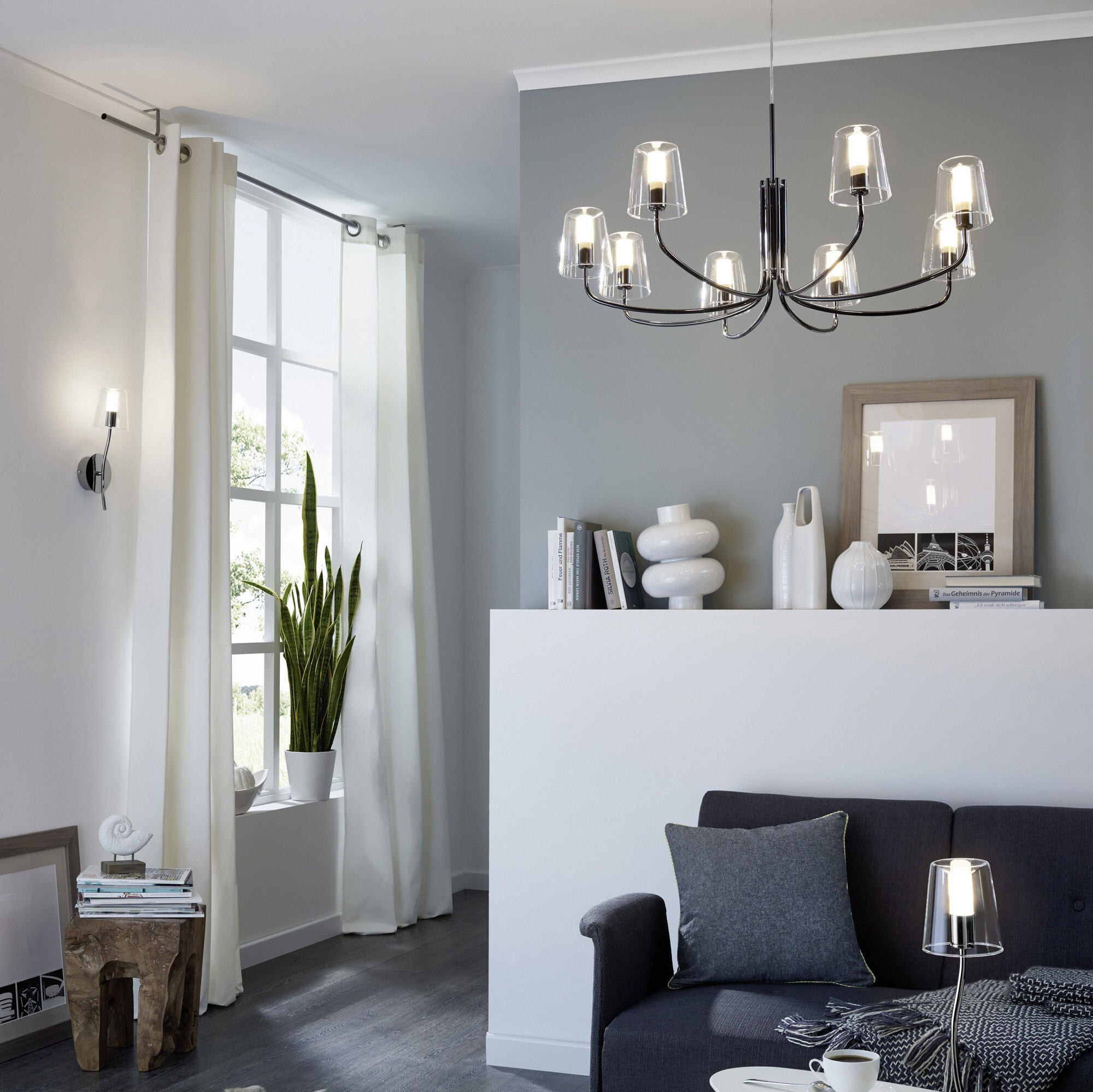 299,95 € Envio grátis | Lustre Eglo Noventa 3000K Luz quente. Ø 82 cm. Aço e vidro. Cor branco, preto e níquel