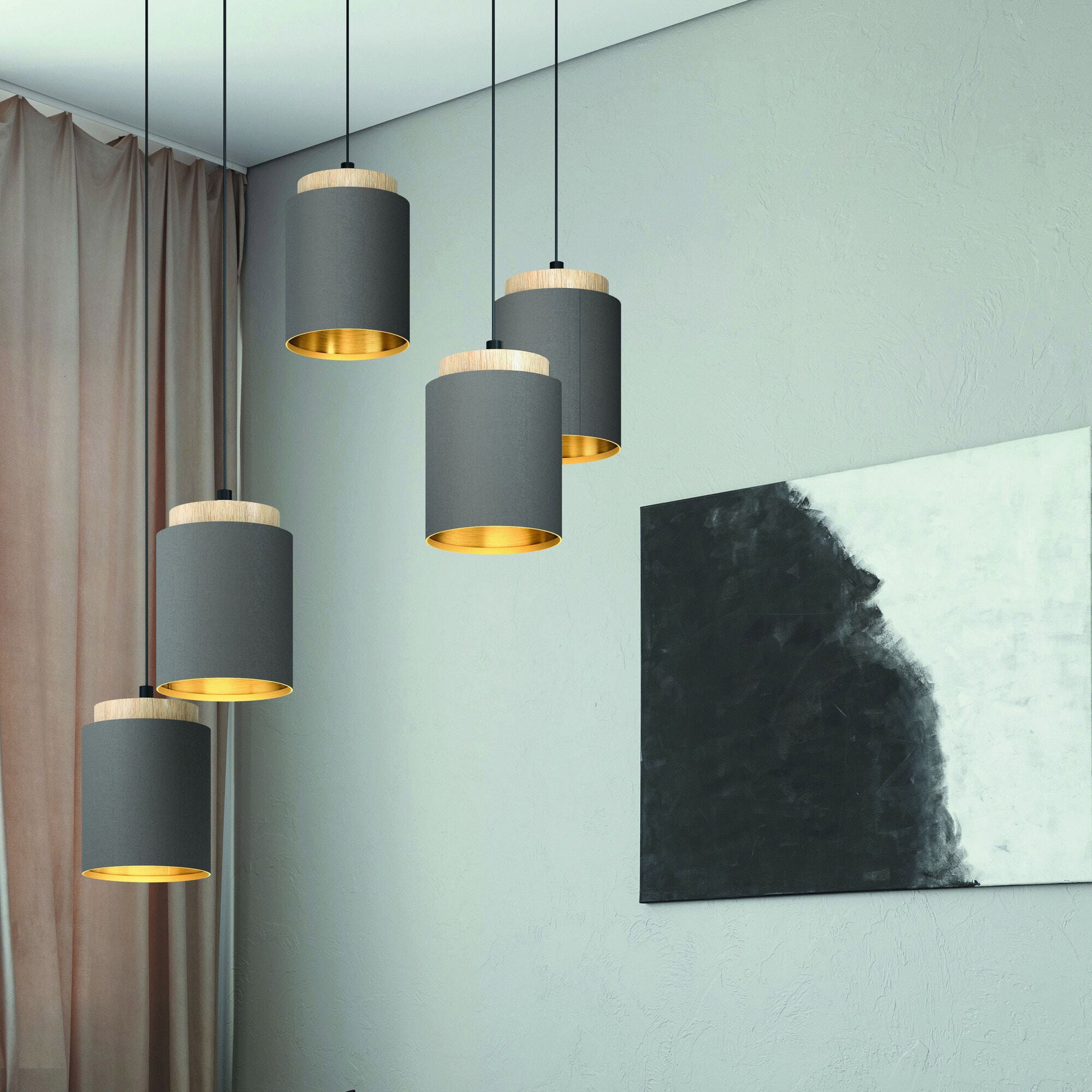 226,95 € Free Shipping | Chandelier Eglo Albariza Ø 70 cm. Steel, wood and textile. Brown, black and light brown Color