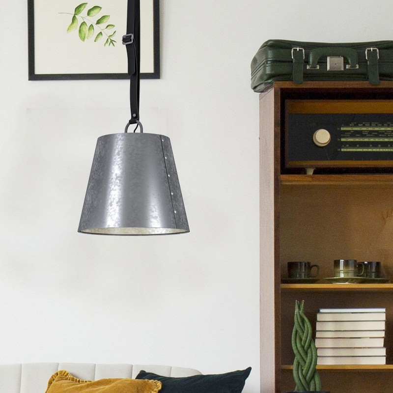 111,95 € Free Shipping | Hanging lamp Eglo Chertsey Conical Shape Ø 33 cm. Living room and dining room. Retro and vintage Style. Steel and Leather. Black and zinc Color