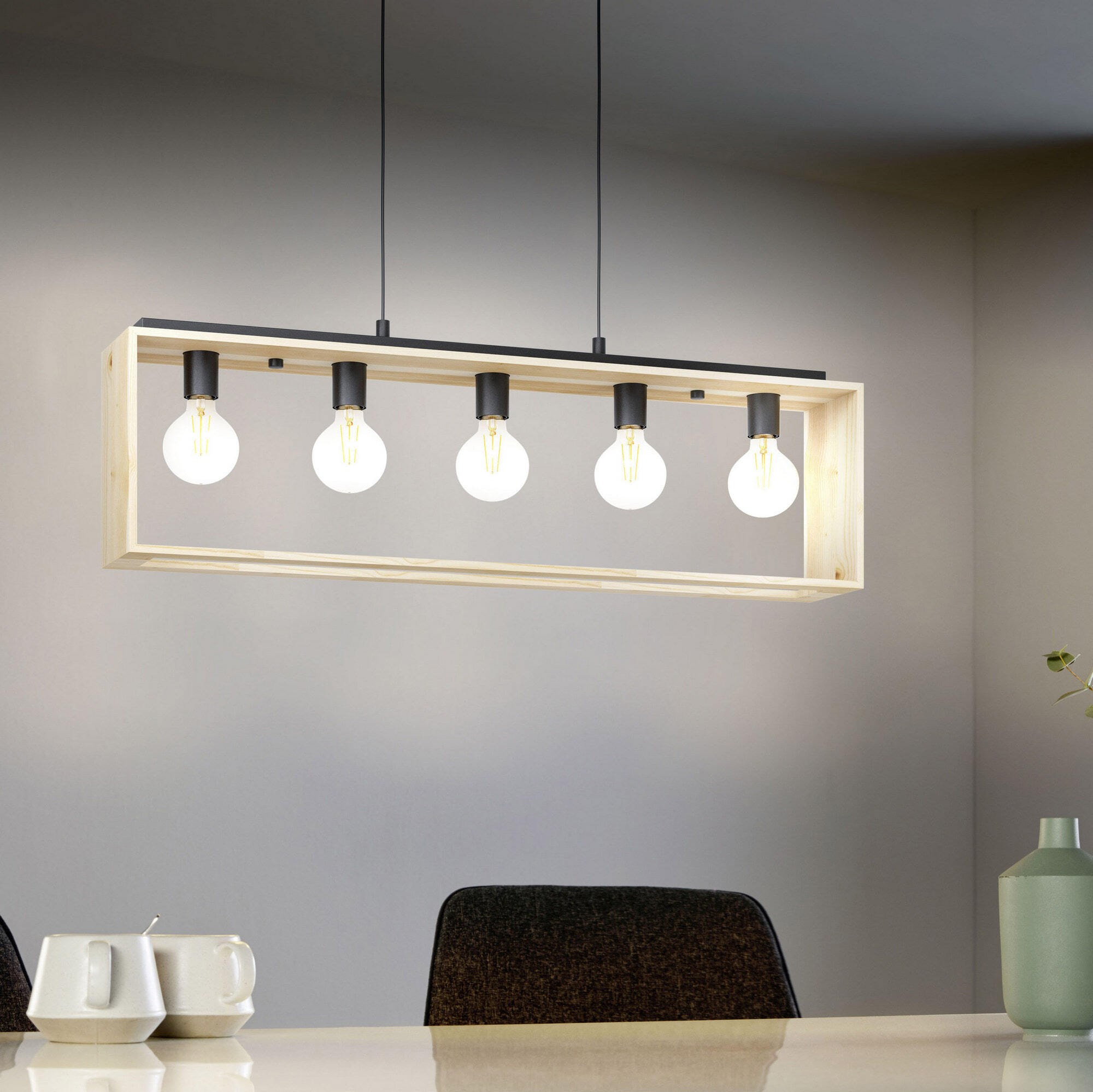163,95 € Free Shipping | Hanging lamp Eglo Famborough 110×100 cm. Steel and wood. Black and natural Color