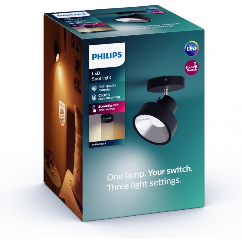 34,95 € Free Shipping | Indoor spotlight Philips Bukko 4.5W Round Shape 17×15 cm. Single LED spotlight. Three light settings. Works with existing switch Bedroom, lobby and bathroom. Modern Style