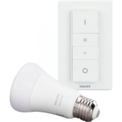 Ampoule LED télécommandée Philips Hue White 9W E27 LED 2700K Lumière très chaude. Ø 6 cm. Kit de régulation sans fil. Contrôle Bluetooth avec Application ou Voix. Comprend un commutateur sans fil