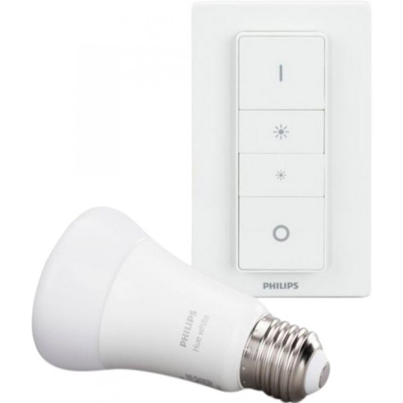 24,95 € 免费送货 | 遥控LED灯泡 Philips Hue White 9W E27 LED 2700K 非常温暖的光. Ø 6 cm. 无线调节套件。使用应用程序或语音进行蓝牙控制。包括无线开关