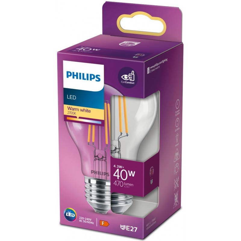 3,95 € Free Shipping | LED light bulb Philips LED Classic 4.5W E27 LED 2700K Very warm light. 11×7 cm. Vintage Style