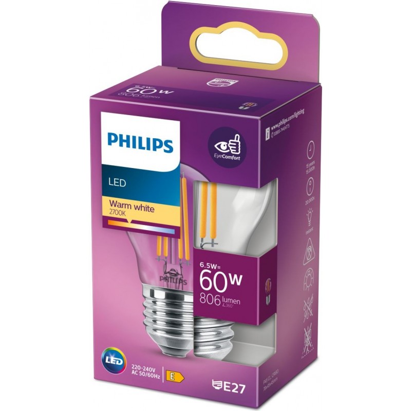 6,95 € Free Shipping | LED light bulb Philips LED Classic 6.5W E27 LED 2700K Very warm light. 8×5 cm. LED Candle Light Vintage Style