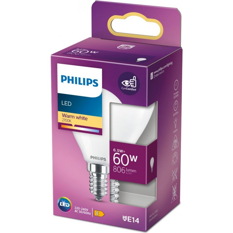 6,95 € Free Shipping | LED light bulb Philips LED Classic 6.5W E14 LED 2700K Very warm light. 8×5 cm. LED Candle Light