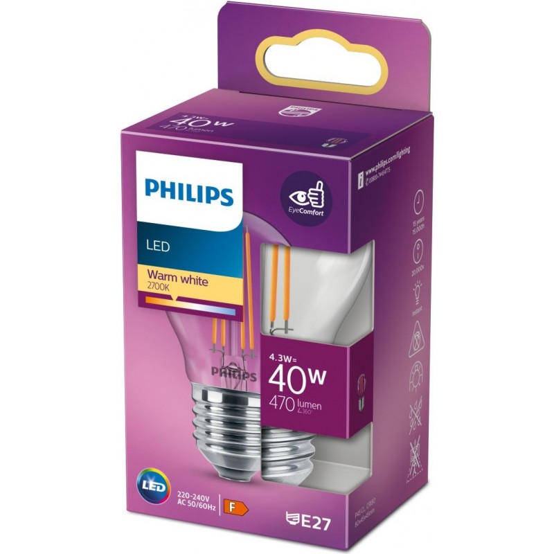 3,95 € Free Shipping | LED light bulb Philips LED Classic 4.5W E27 LED 2700K Very warm light. 8×5 cm. LED Candle Light Design Style