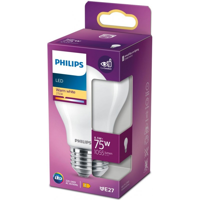 6,95 € Free Shipping | LED light bulb Philips LED Classic 8.5W E27 LED 2700K Very warm light. 10×7 cm