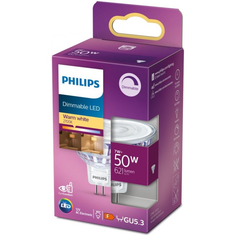 11,95 € Free Shipping | LED light bulb Philips LED Spot 7W GU5.3 LED 2700K Very warm light. 5×5 cm. Dimmable