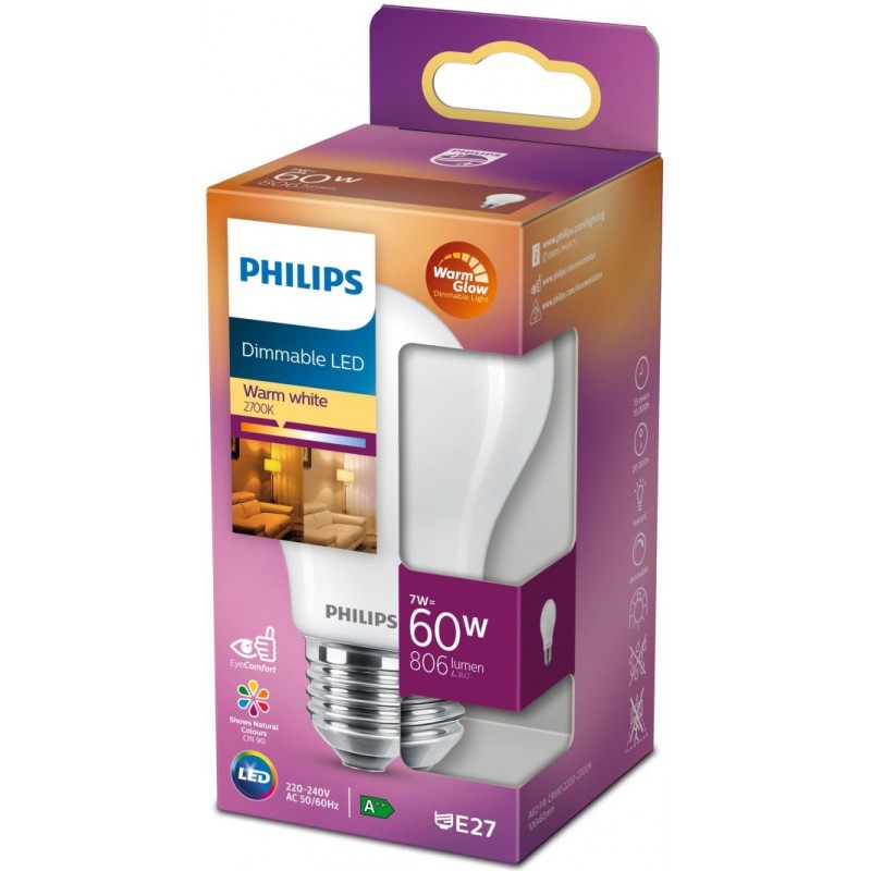 25,95 € Free Shipping | LED light bulb Philips LED Classic 7W E27 LED 2500K Very warm light. 11×7 cm. Dimmable