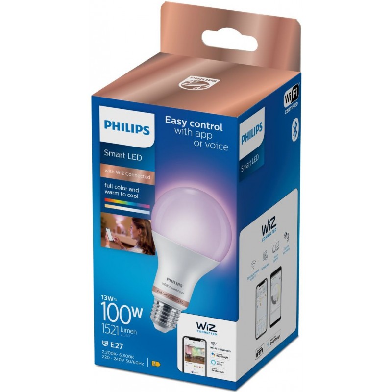 21,95 € Free Shipping | LED light bulb Philips Smart LED Wi-Fi 13W 14×9 cm. Wi-Fi + Bluetooth. Control with WiZ or Voice app Pmma and polycarbonate