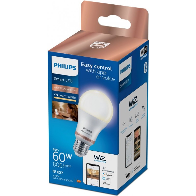 10,95 € Free Shipping | LED light bulb Philips Smart LED Wi-Fi 8W 2700K Very warm light. 12×7 cm. Adjustable Wi-Fi + Bluetooth. Control with WiZ or Voice app Pmma and polycarbonate