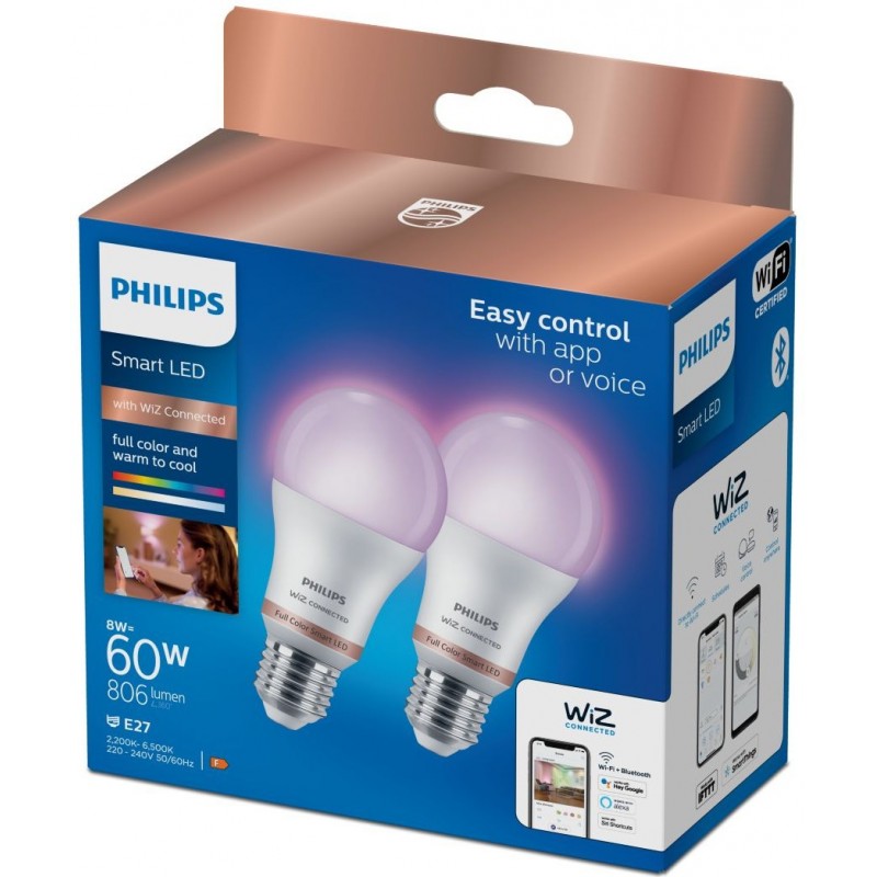 32,95 € Free Shipping | LED light bulb Philips Smart LED Wi-Fi 8W 12×7 cm. Wi-Fi + Bluetooth. Control with WiZ or Voice app Pmma and polycarbonate