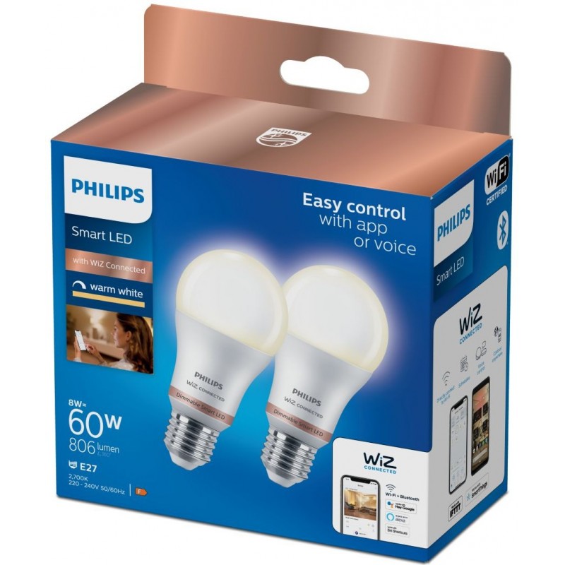 17,95 € Free Shipping | LED light bulb Philips Smart LED Wi-Fi 8W 2700K Very warm light. 12×7 cm. Adjustable Wi-Fi + Bluetooth. Control with WiZ or Voice app Pmma and polycarbonate