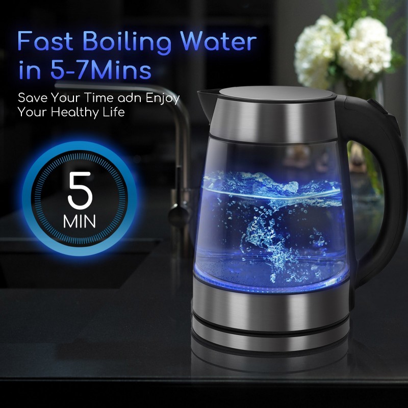 25,95 € Free Shipping | Kitchen appliance 2200W 24×22 cm. Electric water kettle. Borosilicate glass with LED lighting. Anti-lime filter. Auto power off. 1.7 liters Stainless steel, PMMA and Glass. Black and silver Color