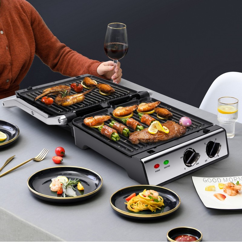 79,95 € Free Shipping | Kitchen appliance 2000W 35×35 cm. Grill grill with removable plates Stainless steel and Aluminum. Black and silver Color