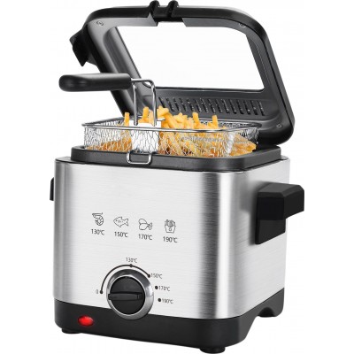 Kitchen appliance 1000W 25×24 cm. Compact fryer. Adjustable temperature and lid with removable window. 1.5 liters Stainless steel. Silver Color