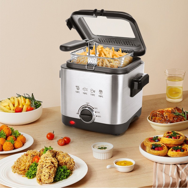 43,95 € Free Shipping | Kitchen appliance 1000W 25×24 cm. Compact fryer. Adjustable temperature and lid with removable window. 1.5 liters Stainless steel. Silver Color
