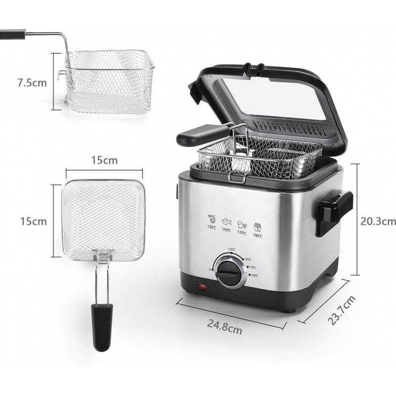 43,95 € Free Shipping | Kitchen appliance 1000W 25×24 cm. Compact fryer. Adjustable temperature and lid with removable window. 1.5 liters Stainless steel. Silver Color