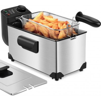 Kitchen appliance 2200W 41×23 cm. Electric fryer. Anti-splash cover and adjustable temperature. Removable container for draining oil. 3 liters Stainless steel. Stainless steel Color