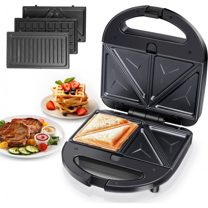 38,95 € Free Shipping | Kitchen appliance 750W 24×22 cm. 3 in 1 sandwich maker. Grill and waffles. Removable non-stick plates. Upright storage and cool-touch handle Black Color