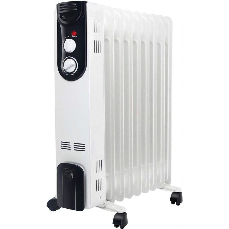 Calefactor 2000W 65×44 cm. Radiador portátil de aceite con ruedas. 9 elementos. Doble tubo de calentamiento. Control termostático Acero. Color blanco y negro