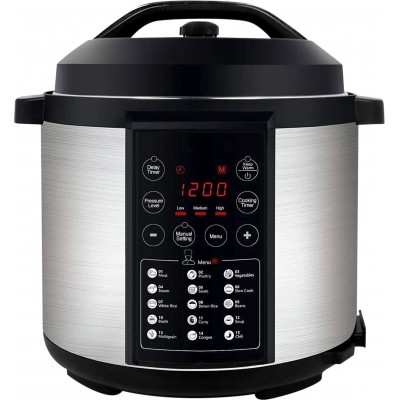Kitchen appliance 1000W 32×32 cm. Pressure cooker with 15 programmable functions. LED panel. 3 pressure settings. non-stick 6 liters Stainless steel, Aluminum and PMMA. Silver Color
