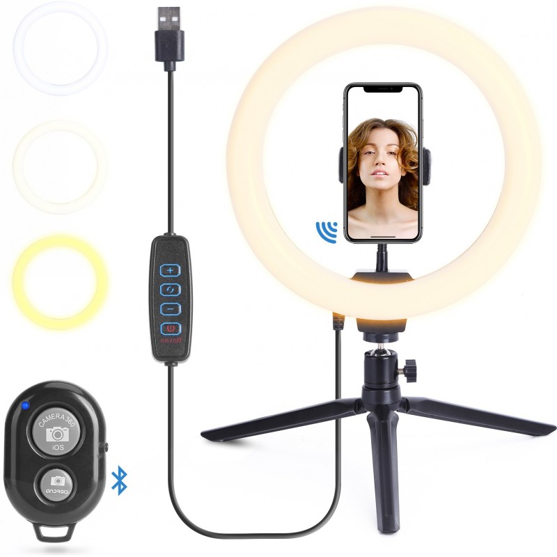 15,95 € Free Shipping | Lighting fixtures 12W Round Shape Ø 26 cm. Facial LED lighting for close-up. LED ring light with tripod. Remote control. Microphone. USB connection ABS and Polycarbonate. Black Color