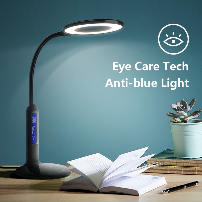 34,95 € Free Shipping | Desk lamp 7W 28×16 cm. LED touch lamp. LCD screen. Calendar, temperature and alarm. 5 intensity levels. 2 lighting modes Polycarbonate. Black Color