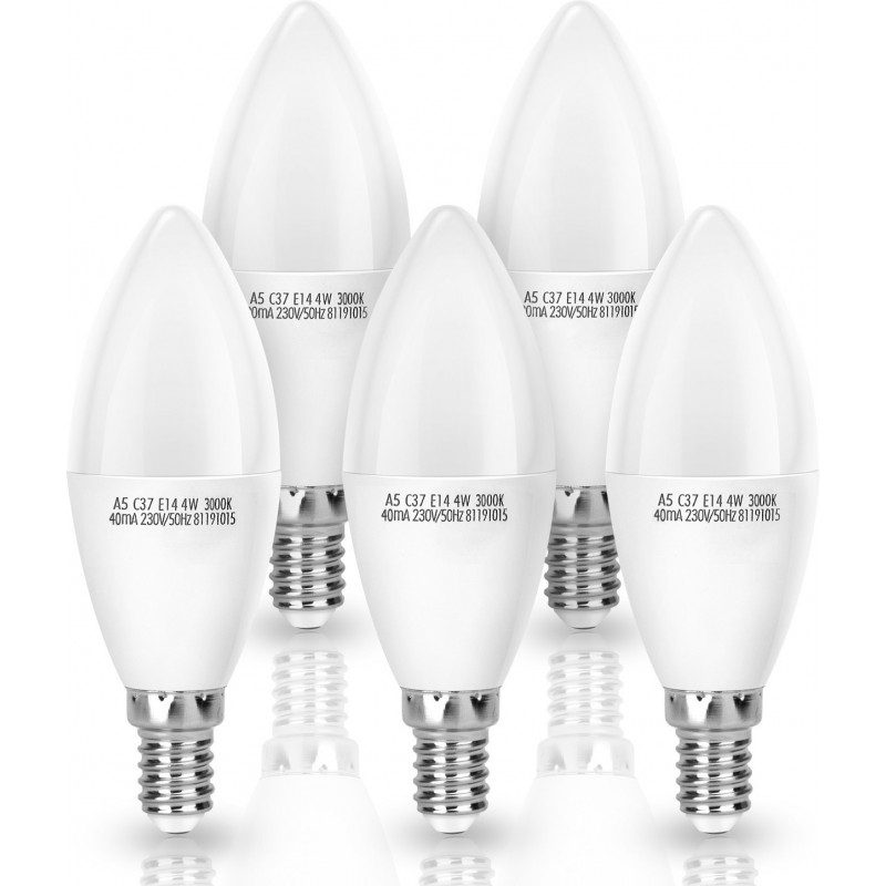 5,95 € Free Shipping | 5 units box LED light bulb 4W E14 LED C37 3000K Warm light. Ø 3 cm. LED candle White Color