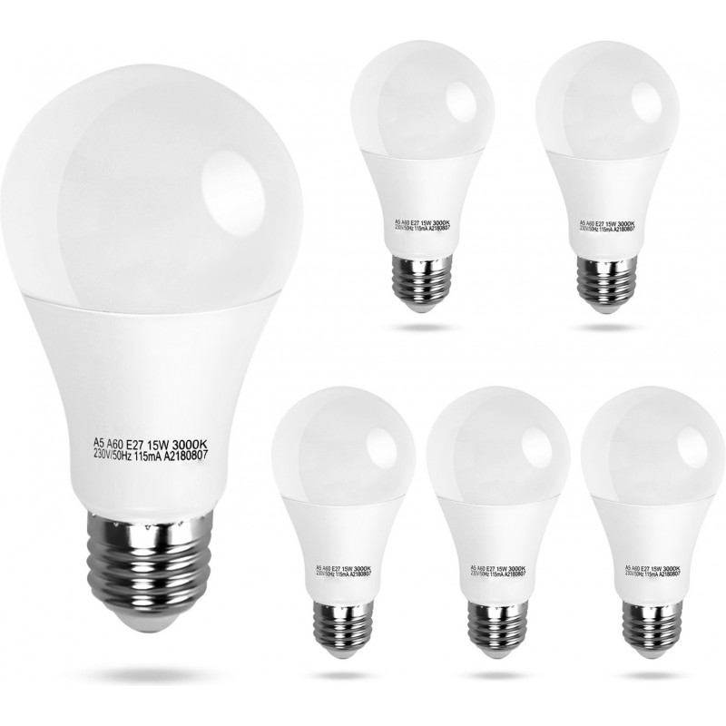 14,95 € Free Shipping | 5 units box LED light bulb 15W E27 LED A60 3000K Warm light. Ø 6 cm. PMMA and Polycarbonate. White Color