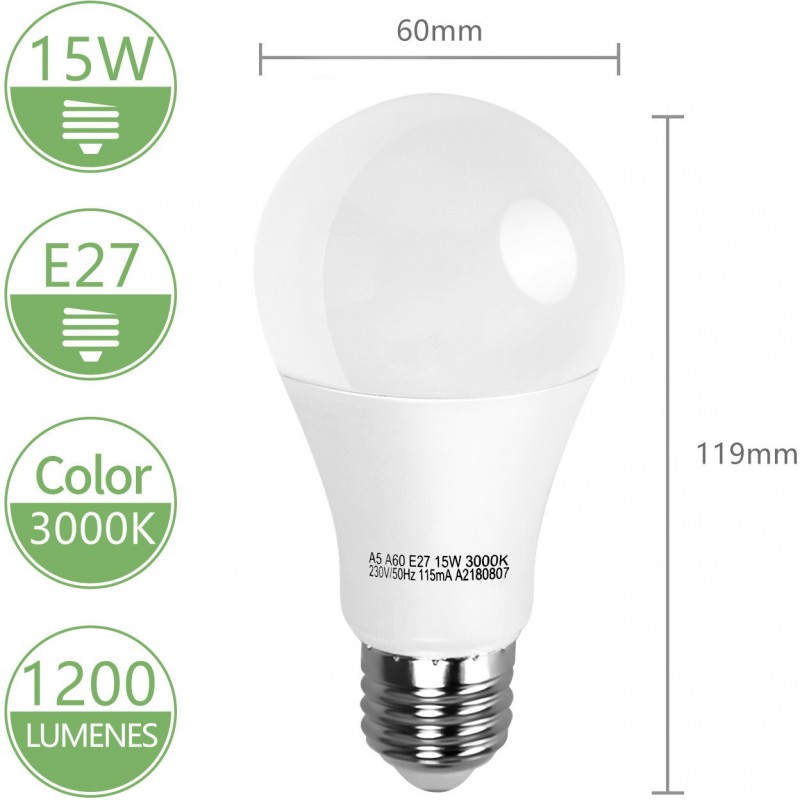 14,95 € Free Shipping | 5 units box LED light bulb 15W E27 LED A60 3000K Warm light. Ø 6 cm. PMMA and Polycarbonate. White Color