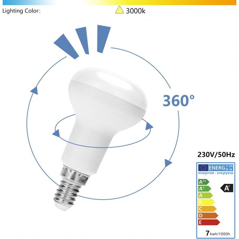 11,95 € Free Shipping | 5 units box LED light bulb 7W E14 LED R50 3000K Warm light. Ø 5 cm. Aluminum and Plastic. White Color