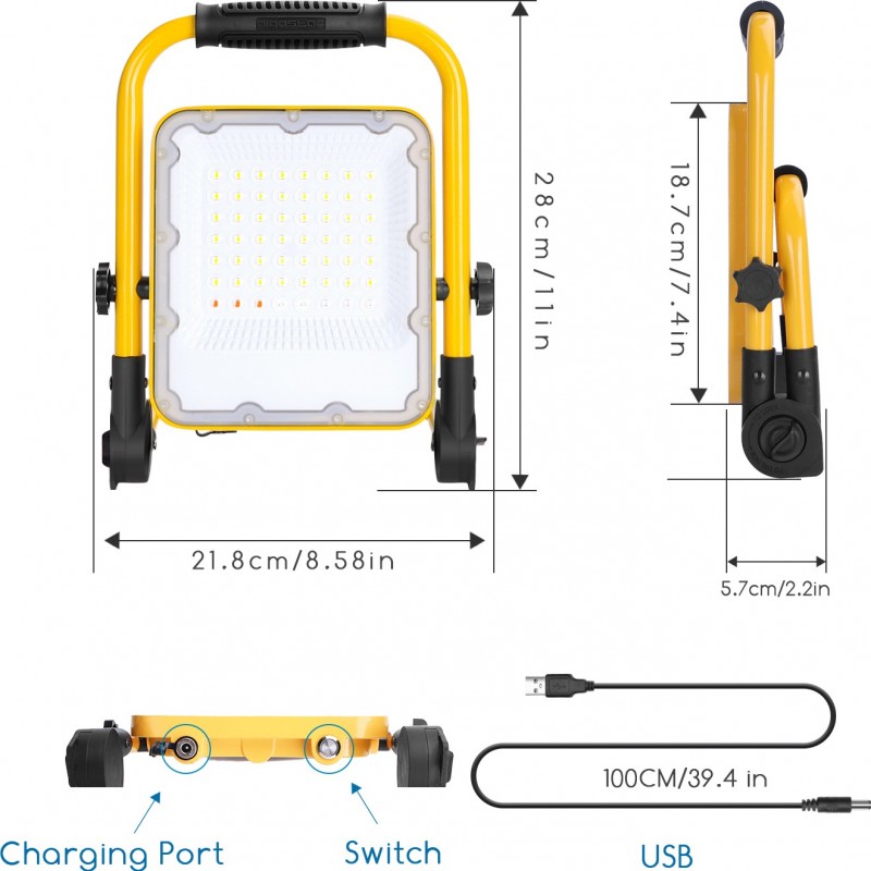 39,95 € Free Shipping | Flood and spotlight 30W 6500K Cold light. 28×22 cm. Work Focus. Portable LED. 360º swivel. Waterproof. Folding stand. SOS function. USB rechargeable Aluminum. Yellow Color
