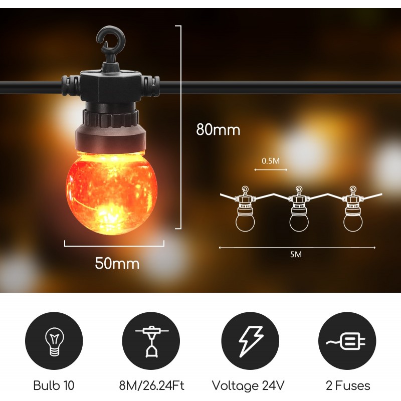 21,95 € Free Shipping | Decorative lighting 2700K Very warm light. 800 cm. LED light garland. 10 colored bulbs. Suitable for outdoors. 8 meters ABS and Plastic