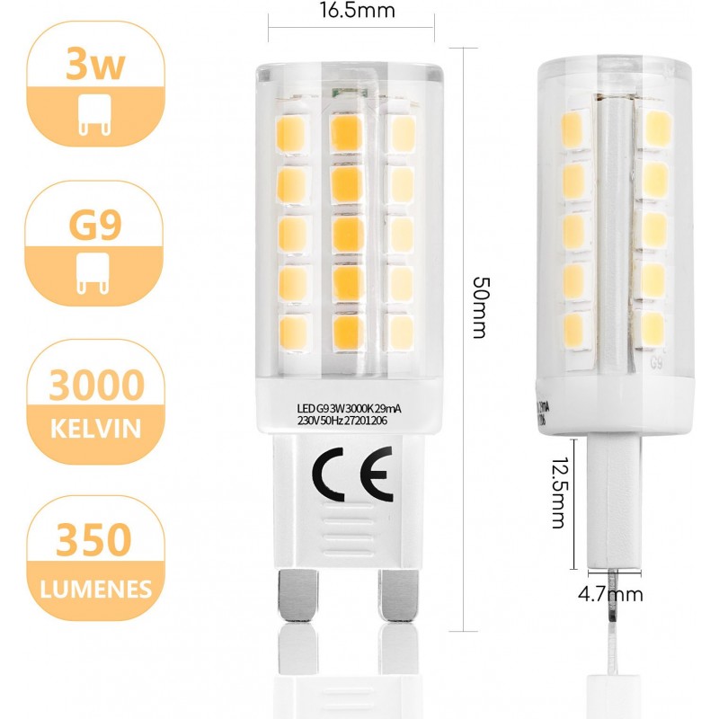 29,95 € Free Shipping | 10 units box LED light bulb 3W G9 LED 3000K Warm light. 5×2 cm. PMMA and Polycarbonate