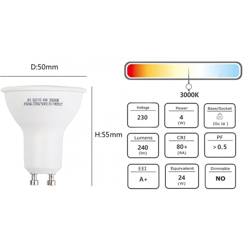 7,95 € Free Shipping | 5 units box LED light bulb 4W GU10 LED 3000K Warm light. Ø 5 cm. White Color