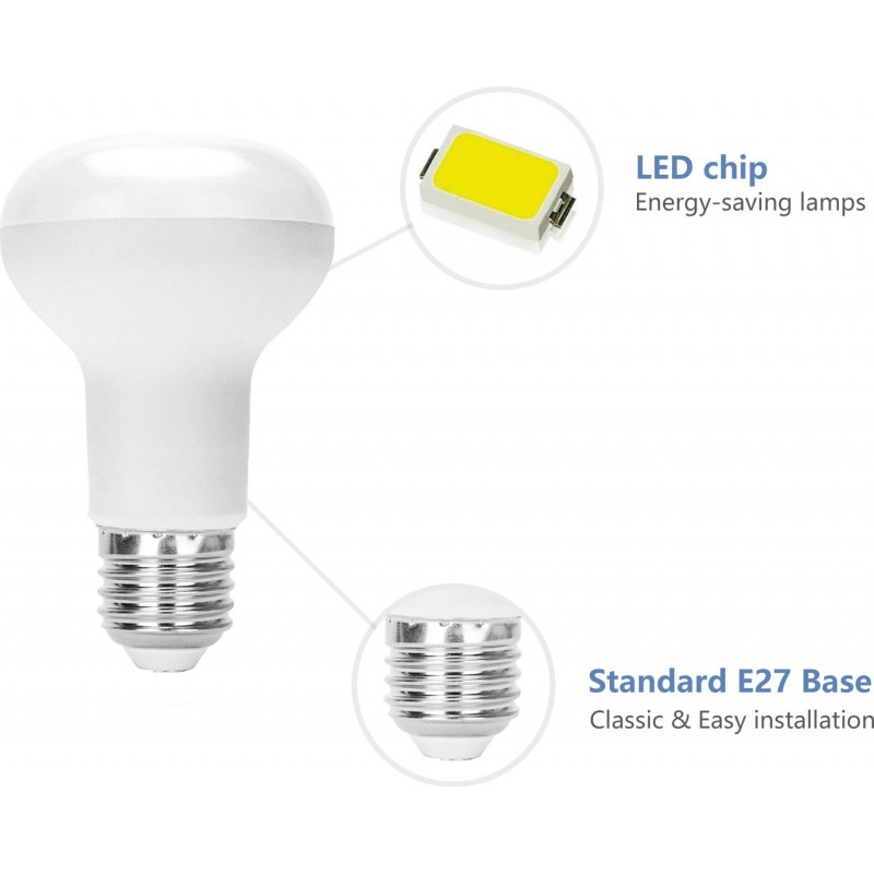 15,95 € Free Shipping | 5 units box LED light bulb 9W E27 LED R63 3000K Warm light. Ø 6 cm. Aluminum and Plastic. White Color