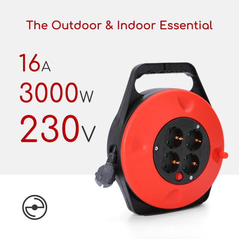 33,95 € Free Shipping | Lighting fixtures 3000W 1500 cm. Heavy duty extension cord. Rollable, retractable and anti-flammable. 4 outlets and circuit breaker. 15 meters Black and red Color
