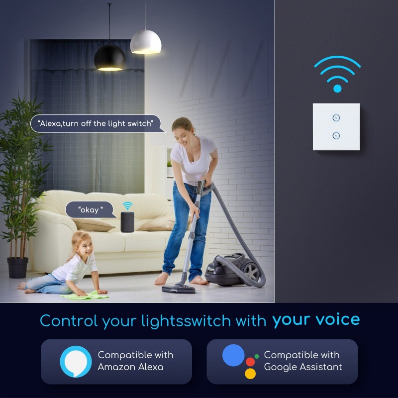 85,95 € Free Shipping | 6 units box Lighting fixtures 2000W Square Shape 8×8 cm. Wall switch Smart Wi-Fi. Double. Bidirectional. Compatible with Alexa and Google Home. voice control Glass and Polycarbonate. White Color